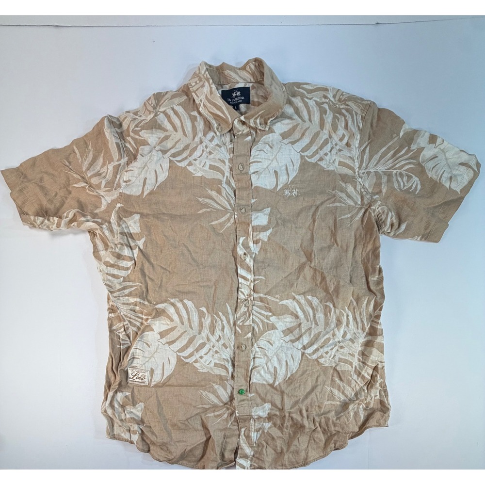 La Martina Buenos Aires Mens L Linen Tropical Palm Leaf Button Down Shirt Tan